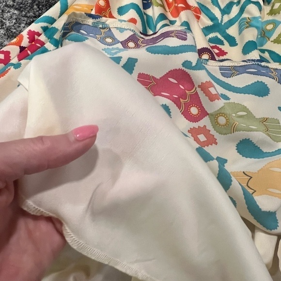 JUDITH MARCH sleeveless mini silk colorful folk print dress with jabot - Picture 11 of 13